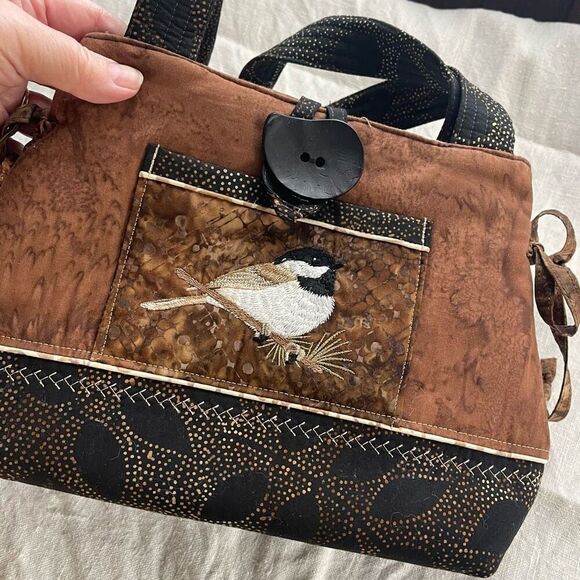 Quilted artisan embroidered Chic-a-dee double handle satchel. - Picture 3 of 8